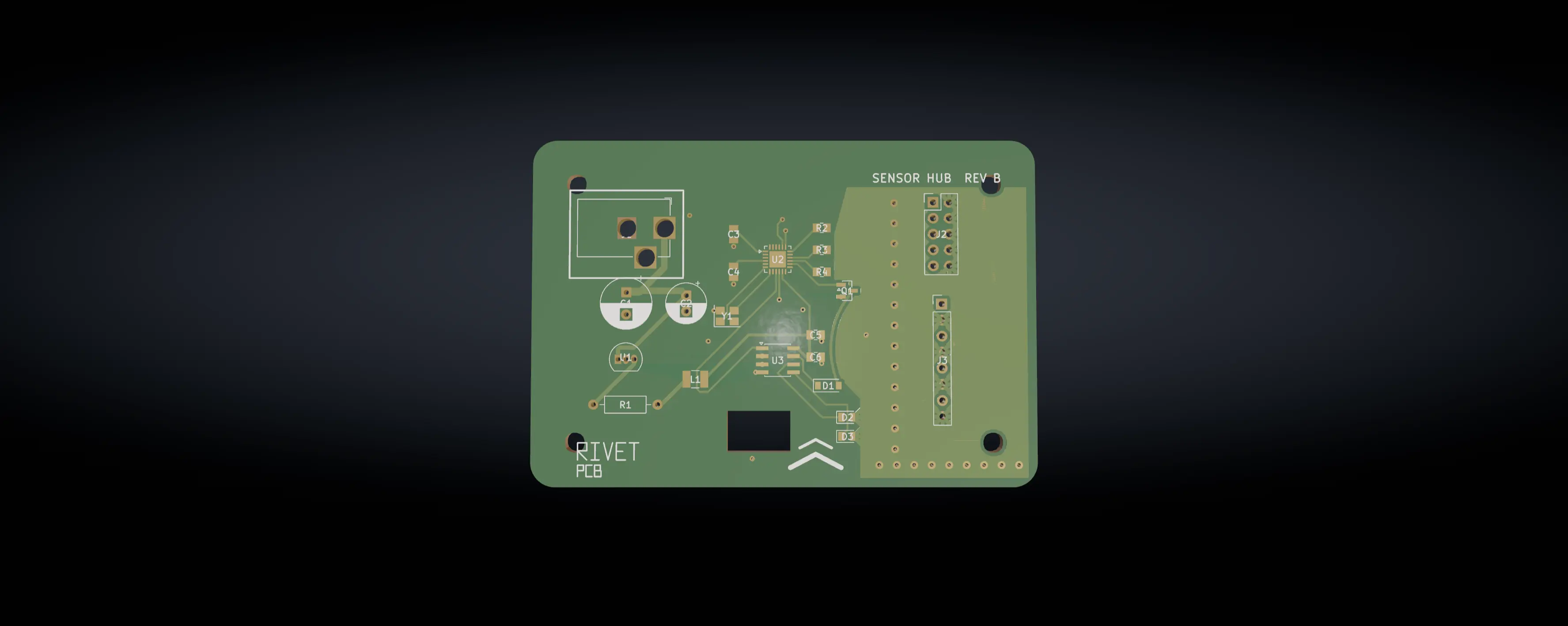 A two-layer board, top down: copper, pads, drilled holes, silkscreen, and no parts on it yet.