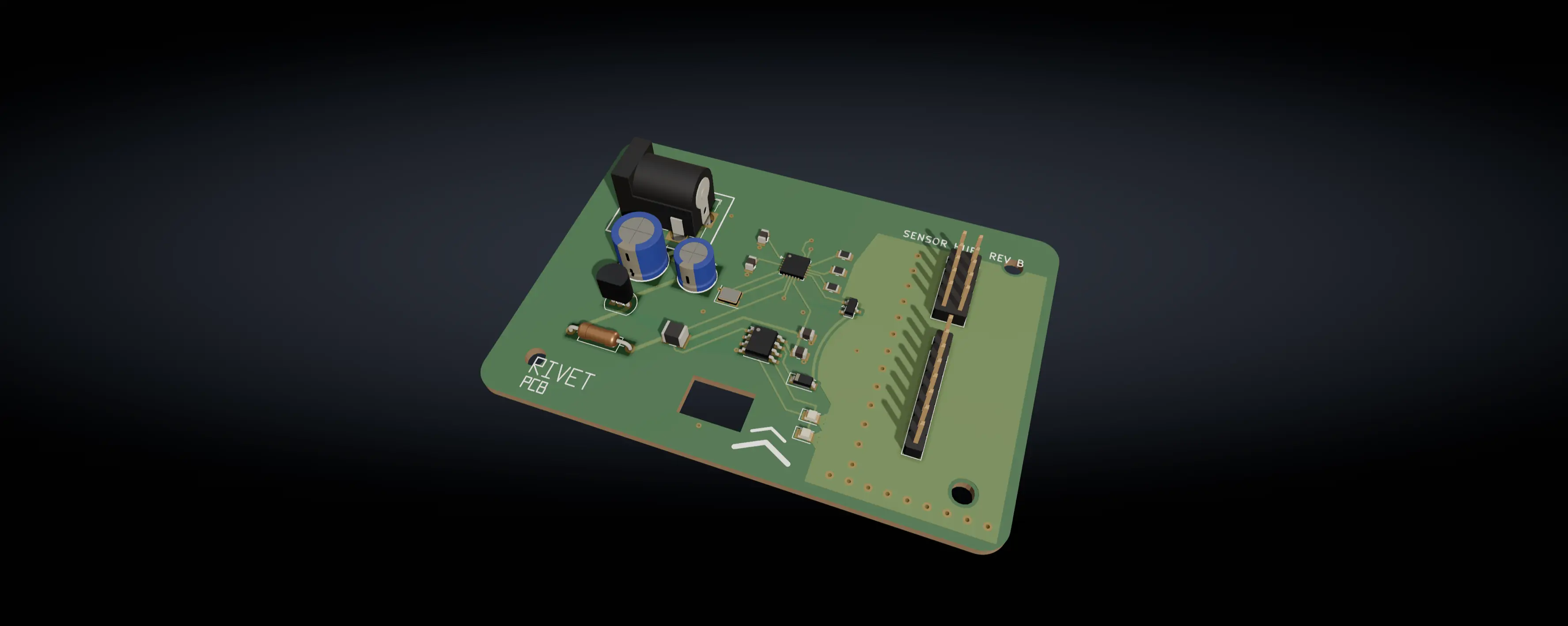 The same populated board turned to a low three-quarter angle in the 3D viewer, showing seated components and their contact shadows.