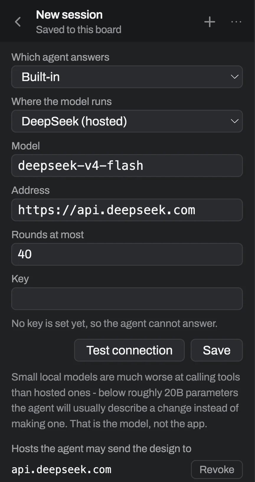 The agent's settings panel, showing a 'Where the model runs' dropdown set to DeepSeek (hosted), plus Model, Address, Rounds at most and Key fields, and Test connection and Save buttons.