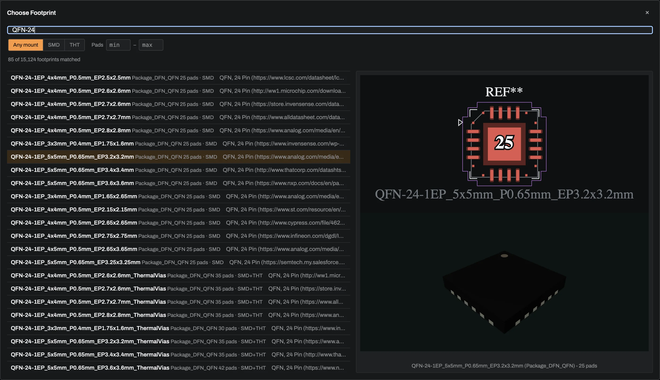 The Choose Footprint dialog searched for QFN-24, listing the matching footprints with pad-count and mounting-type filters above them, and a preview pane split into a 3D view and a 2D view.