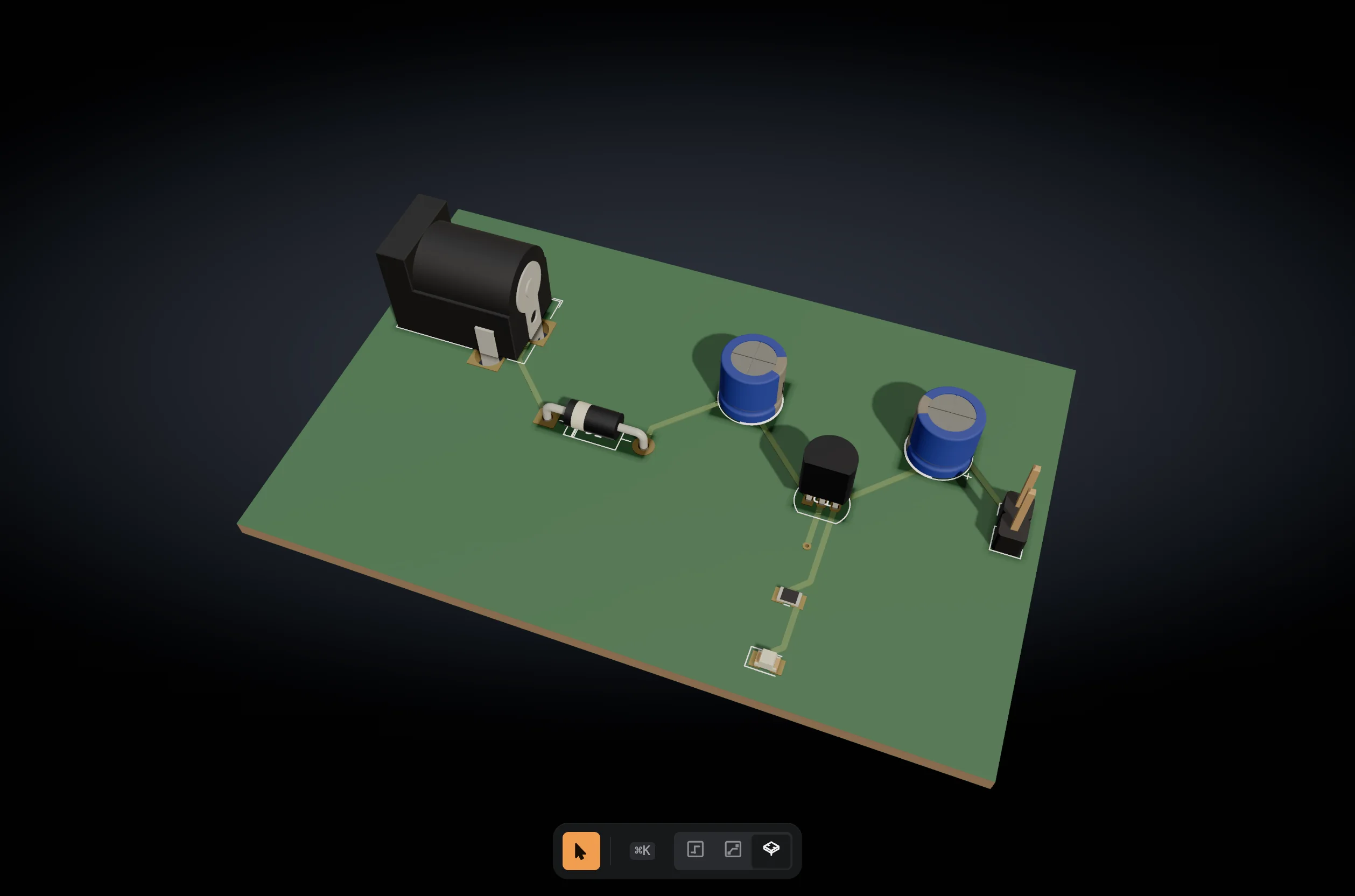 A finished two-layer printed circuit board rendered in three dimensions: a barrel jack on the left, a through-hole diode, two electrolytic capacitors, a TO-92 regulator, a surface-mount resistor and LED, and a two-pin header on the right, with copper tracks joining them.