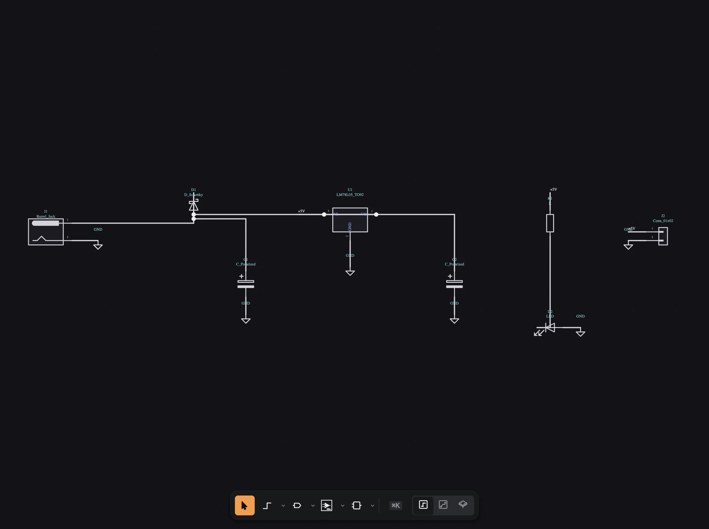 The schematic the board came from: a barrel jack, a Schottky diode, two polarised capacitors, a linear regulator, a resistor and an LED, joined by wires and net labels, inside a drawing sheet frame with a filled title block.