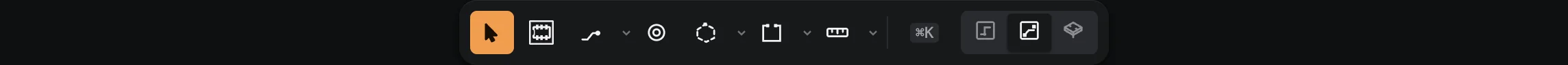 The board editor's toolbar: select, place footprint, route a track, place a via, draw a copper zone, draw a board outline, ruler, command palette, and view toggles.