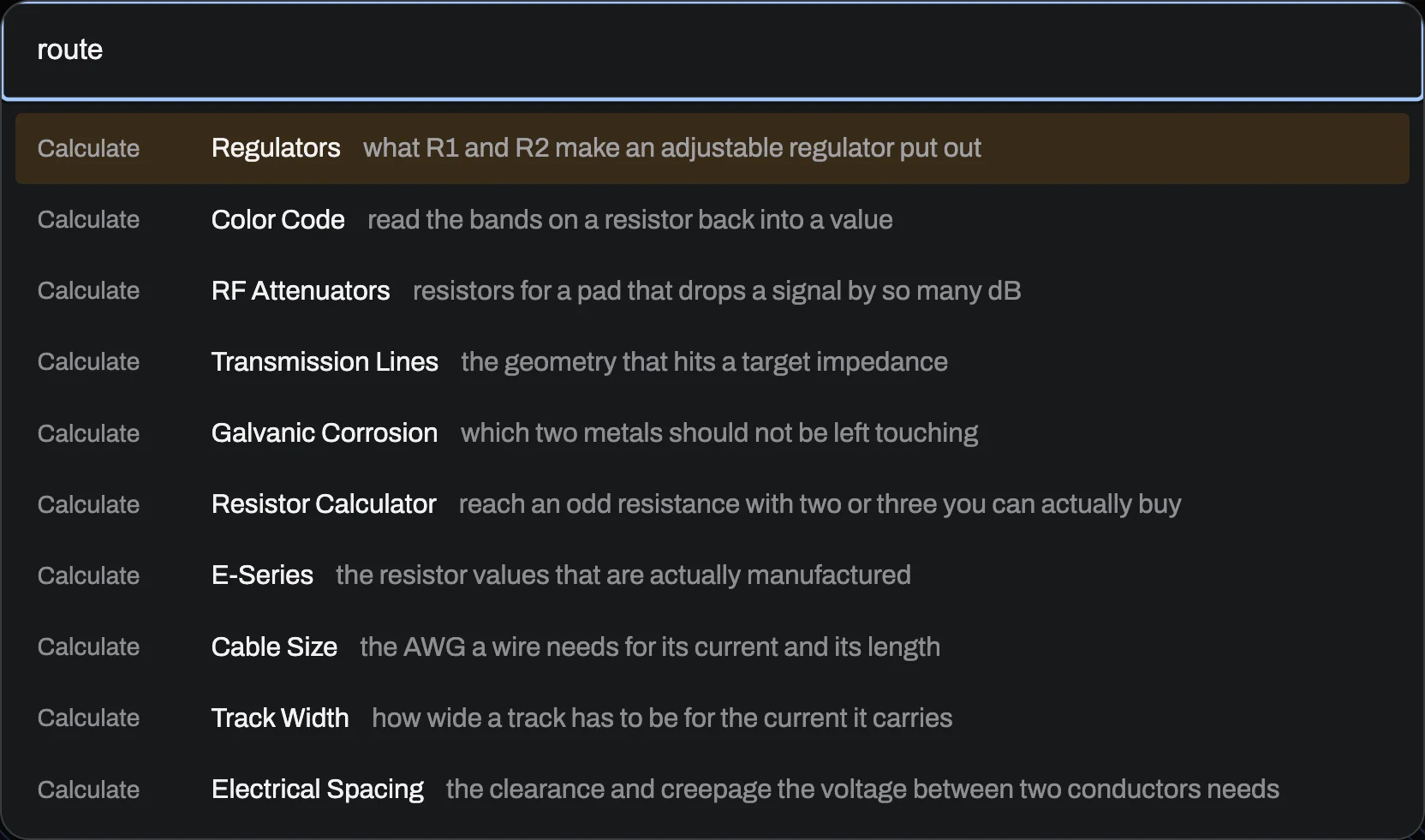 The command palette open over the board editor, with 'route' typed into its search field and ten matching commands listed beneath it.
