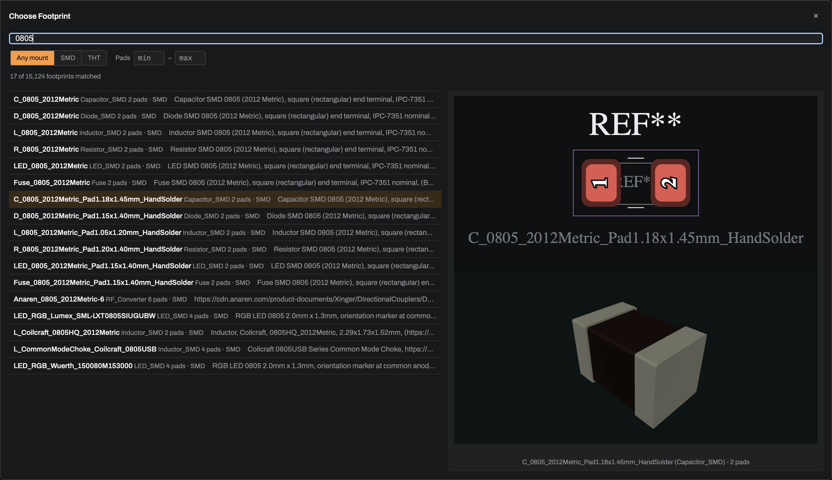 The Choose Footprint dialog searched for 0805, listing seventeen matching footprints out of 15,124 with the count shown under the search field.