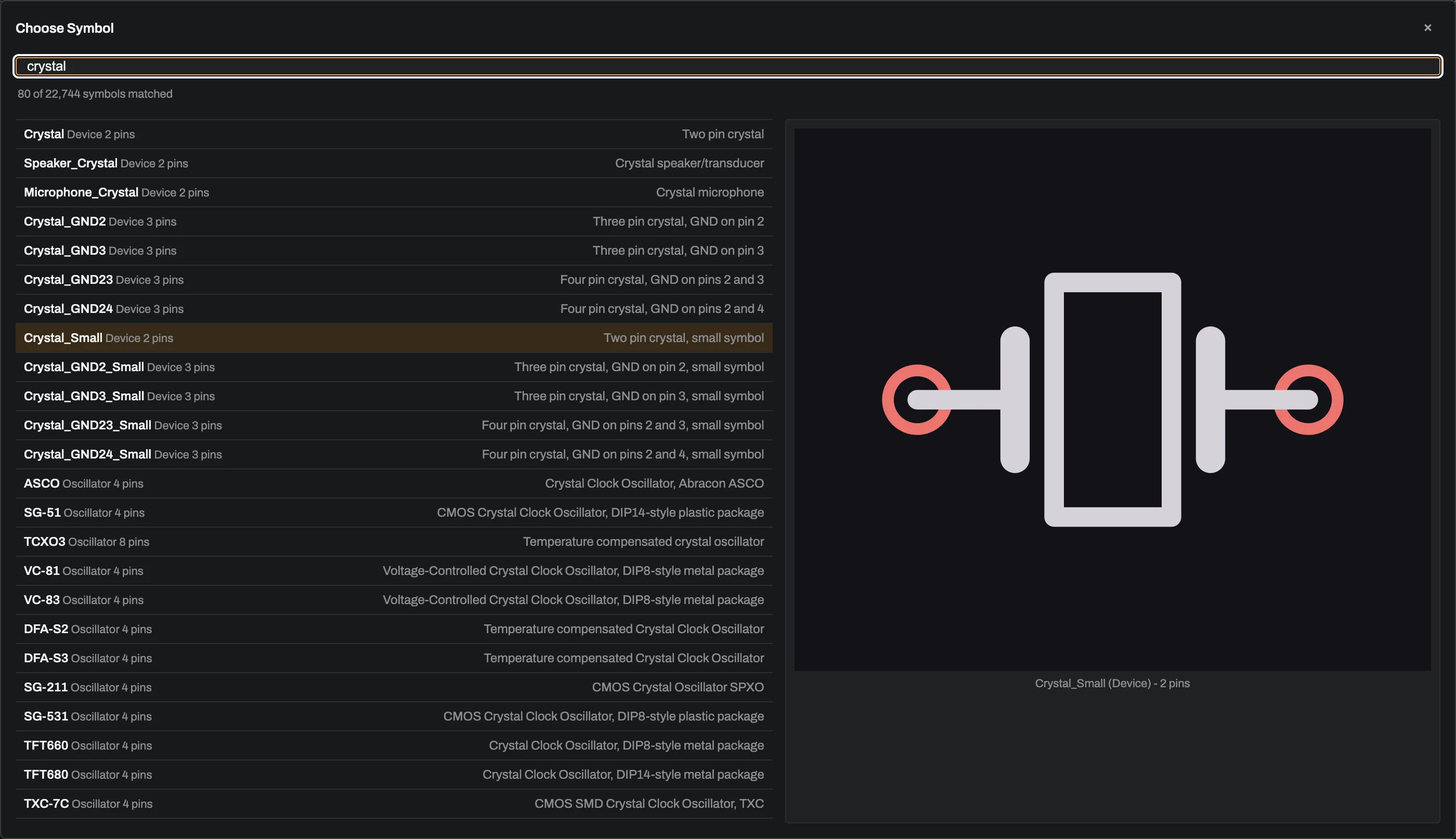 The Choose Symbol dialog, opened by pressing A, searched for 'crystal', with the matching symbols listed on the left, a count of how many of the library matched, and a preview of the selected symbol on the right.