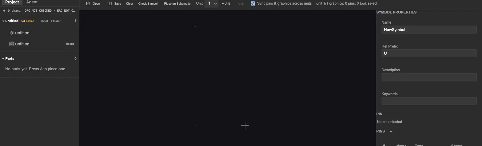 The Symbol Editor's toolbar (Open, Save, Clear, Check Symbol, Place on Schematic) and its Symbol Properties panel for a new blank symbol, showing Name, Ref Prefix, Description, Keywords and an empty pin list.