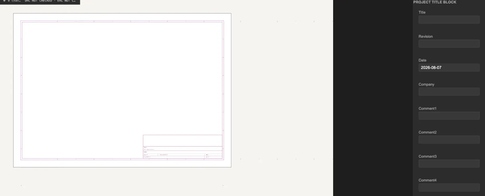 An empty A4 drawing sheet in the Rivet PCB schematic editor: the sheet border with ruler ticks along its edges and a title block ruled into the bottom-right corner, and a Project Title Block panel on the right listing Title, Revision, Date, Company and four comment fields, only the date filled in.