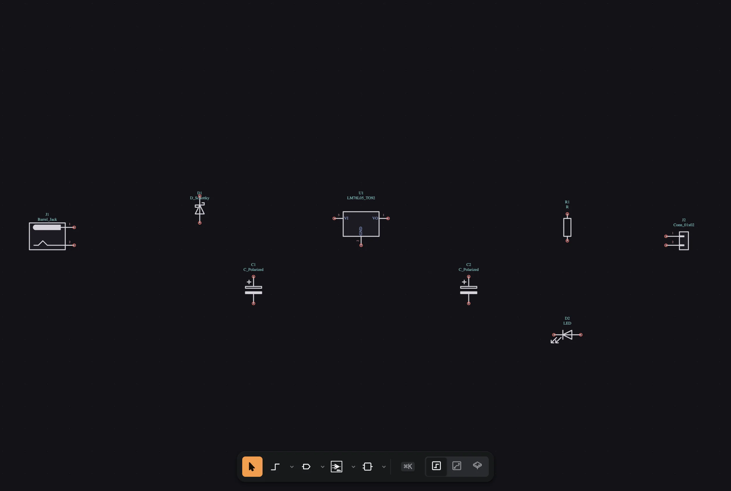 The schematic canvas with eight symbols placed and not yet connected: a barrel jack, a diode, two polarised capacitors, a regulator, a resistor, an LED and a two-pin connector.