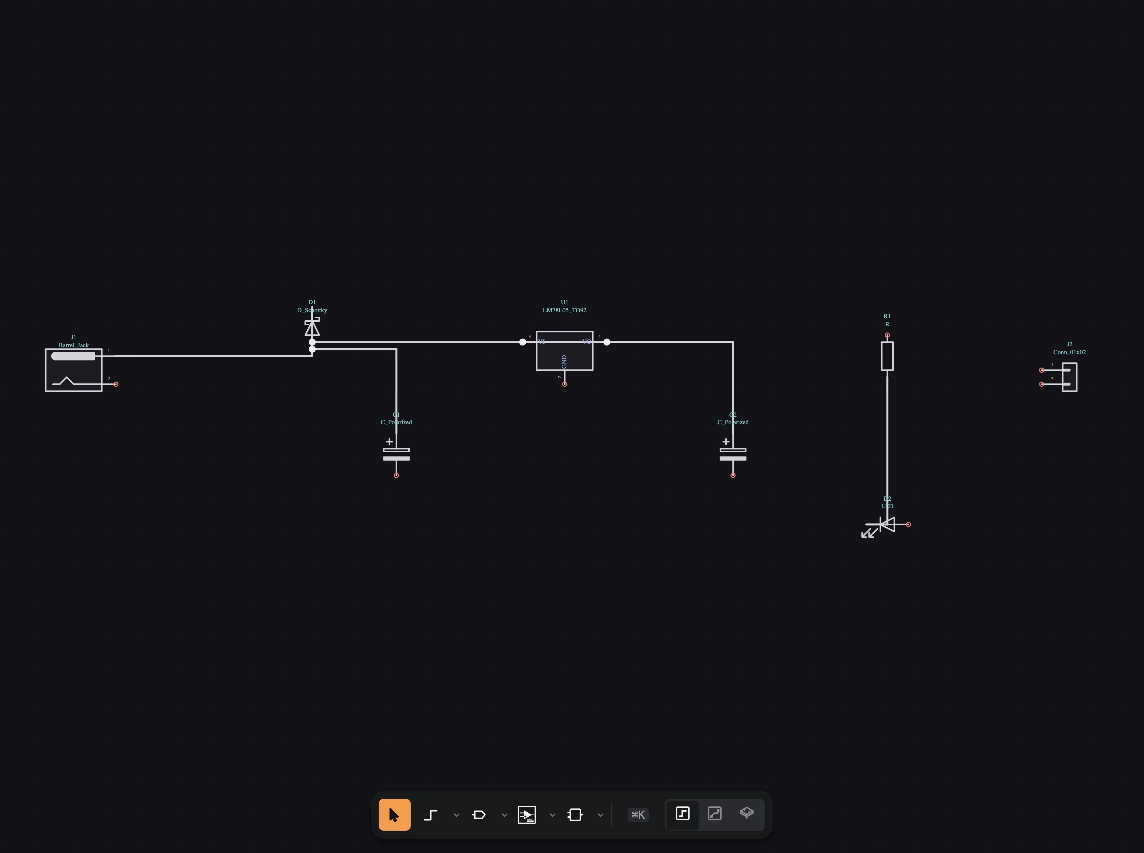 The same schematic with wires drawn between the barrel jack, diode, capacitors and regulator.