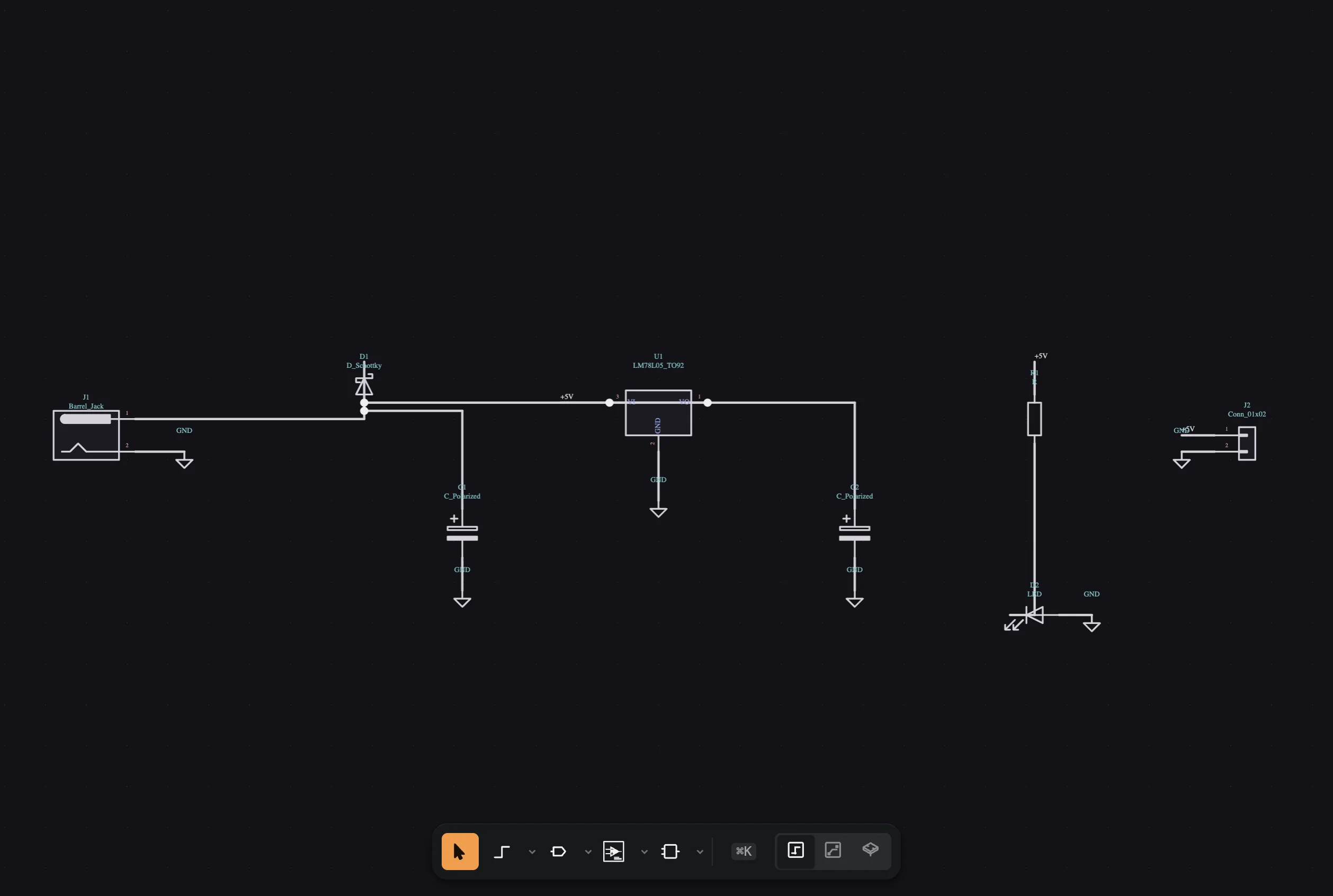 The schematic with +5V net labels on the regulator output, the resistor and the header, and ground symbols on every return.