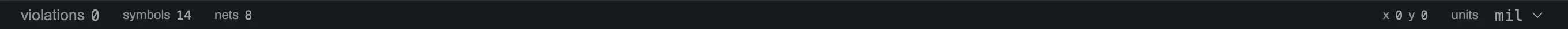 The schematic status bar showing the symbol count, the net count and a violations count of zero.