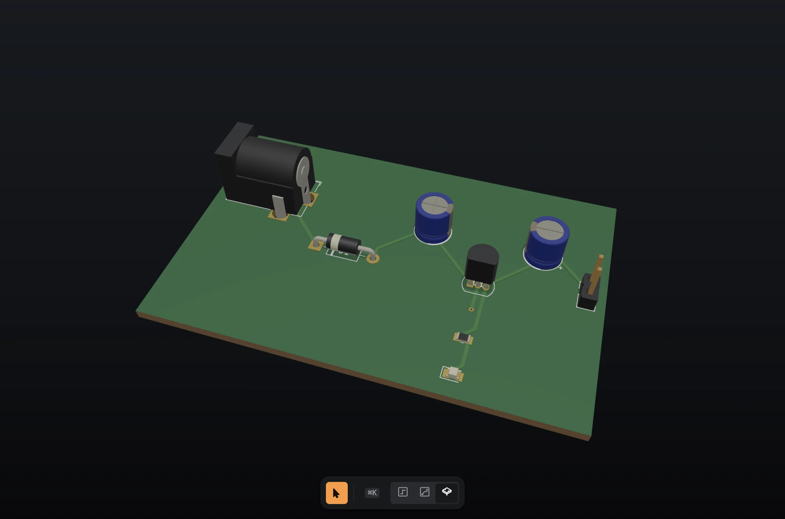 The finished bench supply in the three-dimensional viewer, seen at a three-quarter angle: barrel jack, diode, regulator, two electrolytic capacitors, an LED and a two-pin output header on a two-layer board.