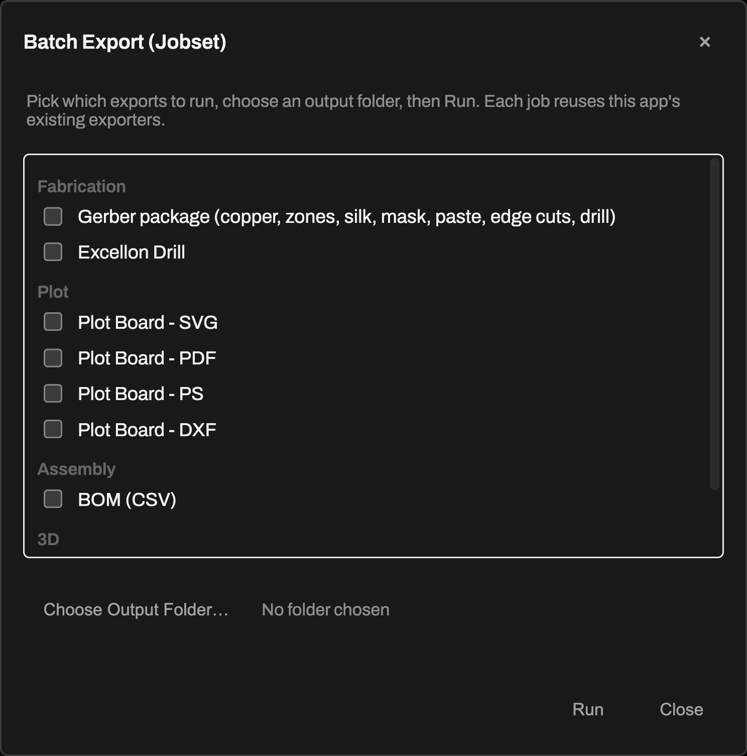The Batch Export dialog listing nine output jobs with checkboxes: the Gerber package, Excellon drill, four plot formats, a BOM, and STEP and VRML.