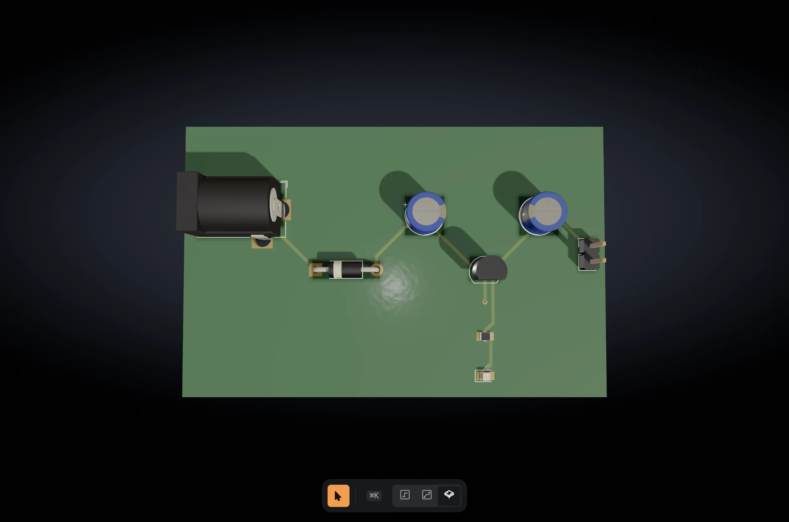 The finished board seen from directly above in the three-dimensional viewer, showing the green mask, white silkscreen and the component models.