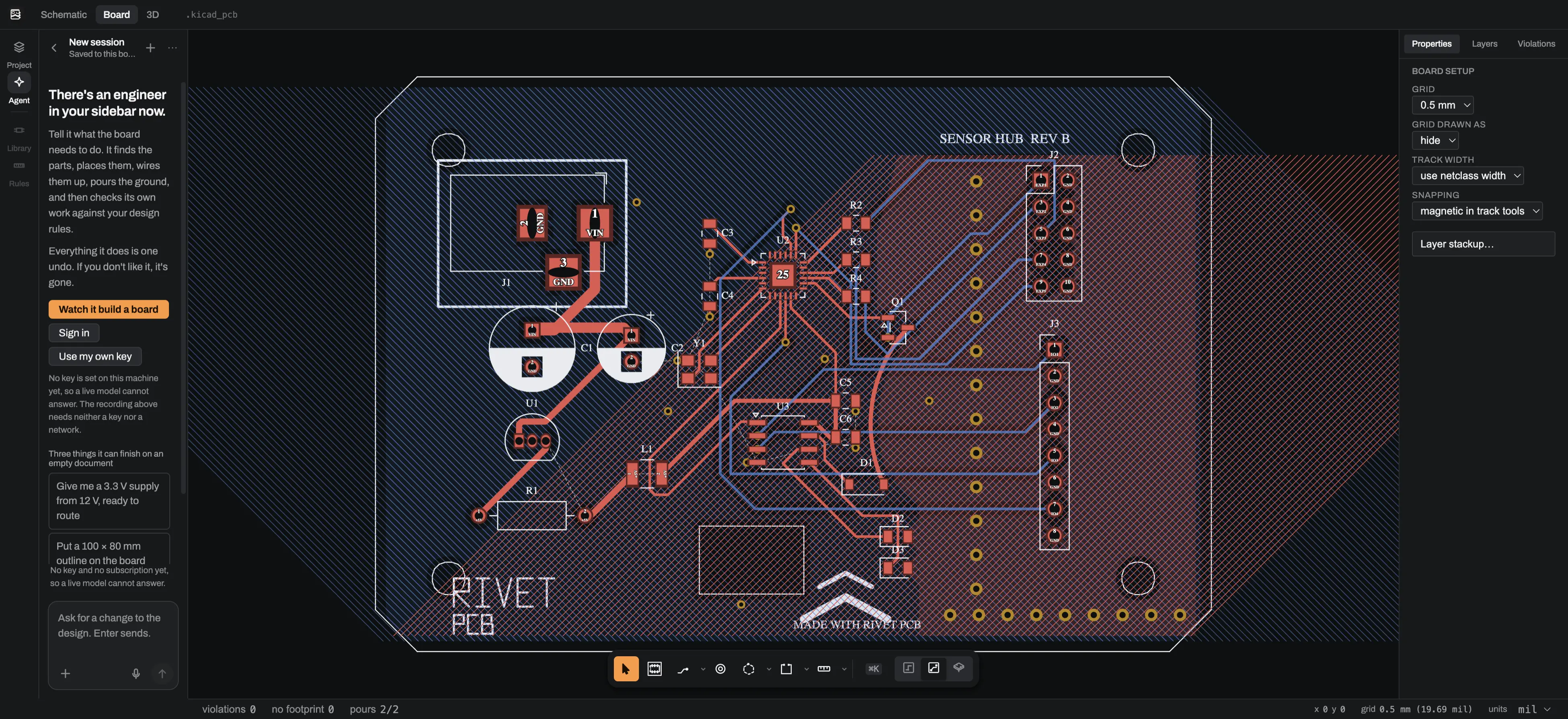 The Rivet PCB board editor: layer list, properties, a violations panel, a filled ground pour, tracks and pads on a two-layer board.