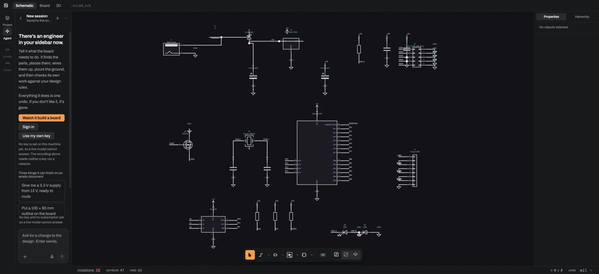 The Rivet PCB schematic editor: real KiCad symbols wired together, net labels, a hierarchy panel on the left and a filled-in title block.