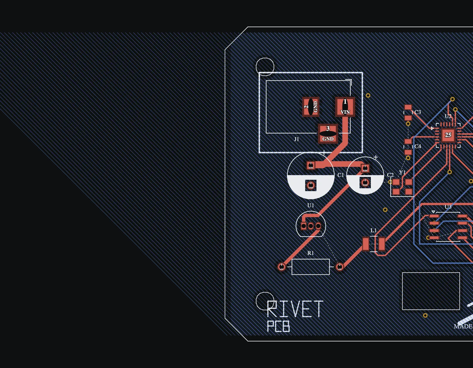 A board canvas showing footprint names printed next to their parts, including C_0805_2012Metric, QFN with a 4x4mm 0.5mm-pitch exposed pad, and R_Axial_DIN0207.