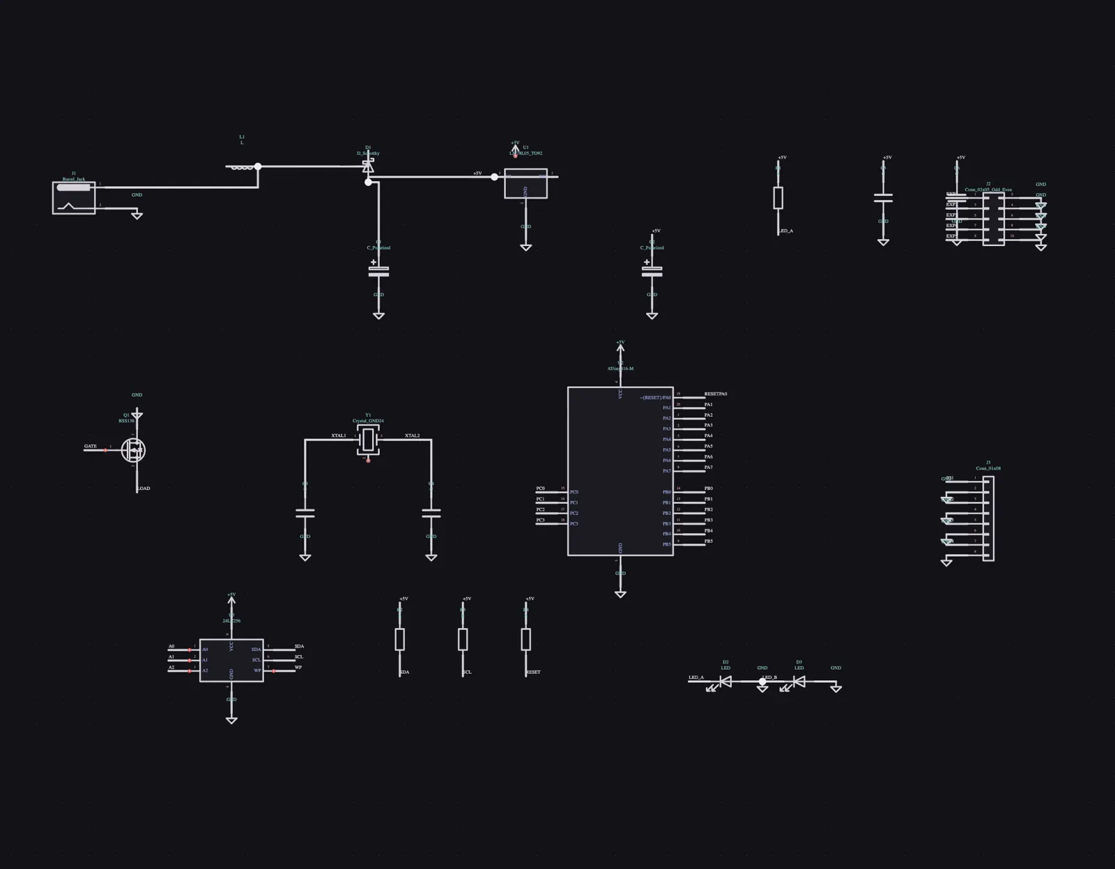 A schematic canvas with the app's chrome removed: symbols, wires, net labels such as +5V, GND, SDA and SCL, and the A4 drawing sheet border with a title block in the corner.