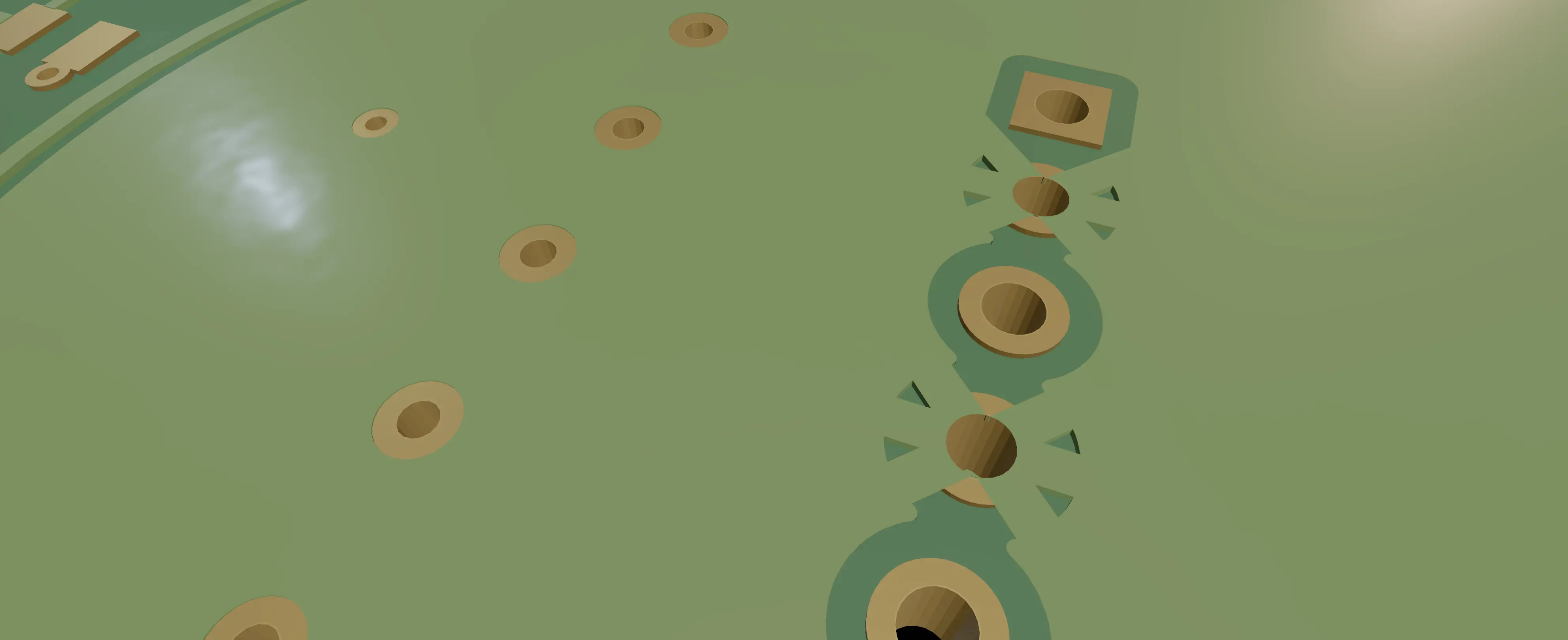 Thermal relief spokes joining a through-hole pad to a ground pour.